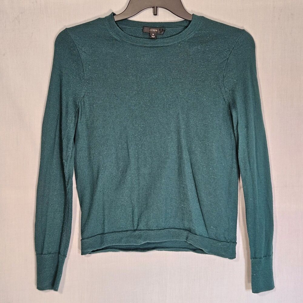 J.Crew Sweater 100% Merino Wool Crewneck Pullover Womens Medium Green Fine Knit